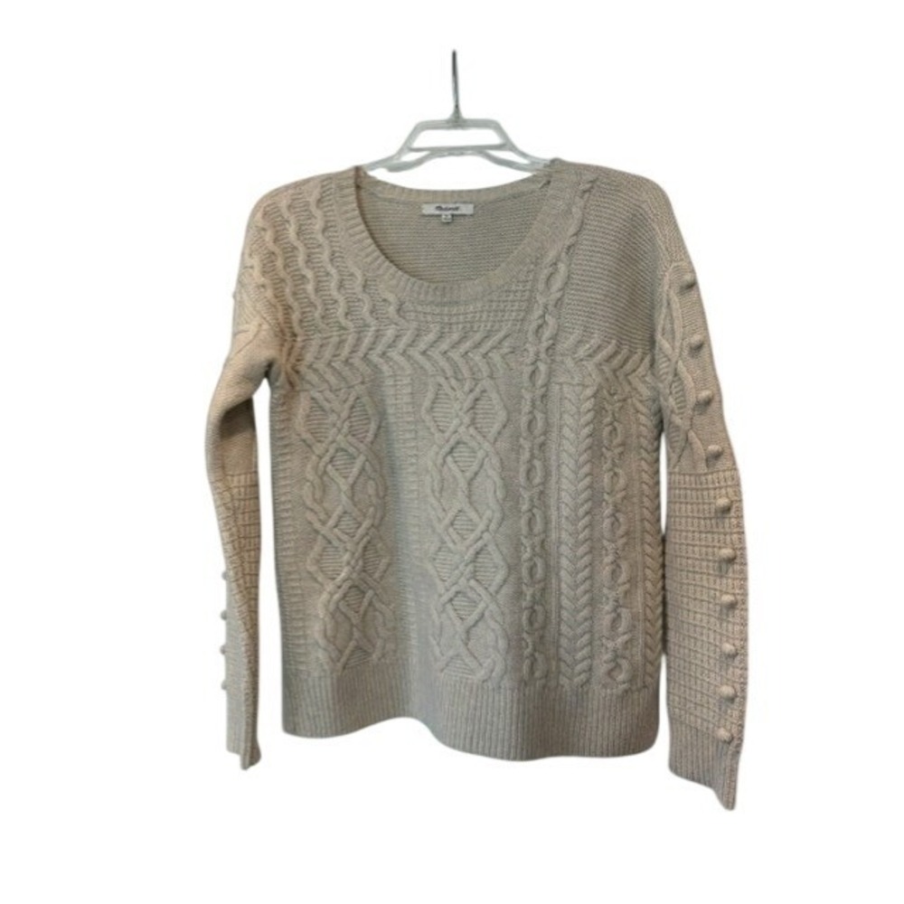 Madewell Womens 100% Merino Wool Cable Knit Bobble Sleeve Oatmeal Sweater XS EUC